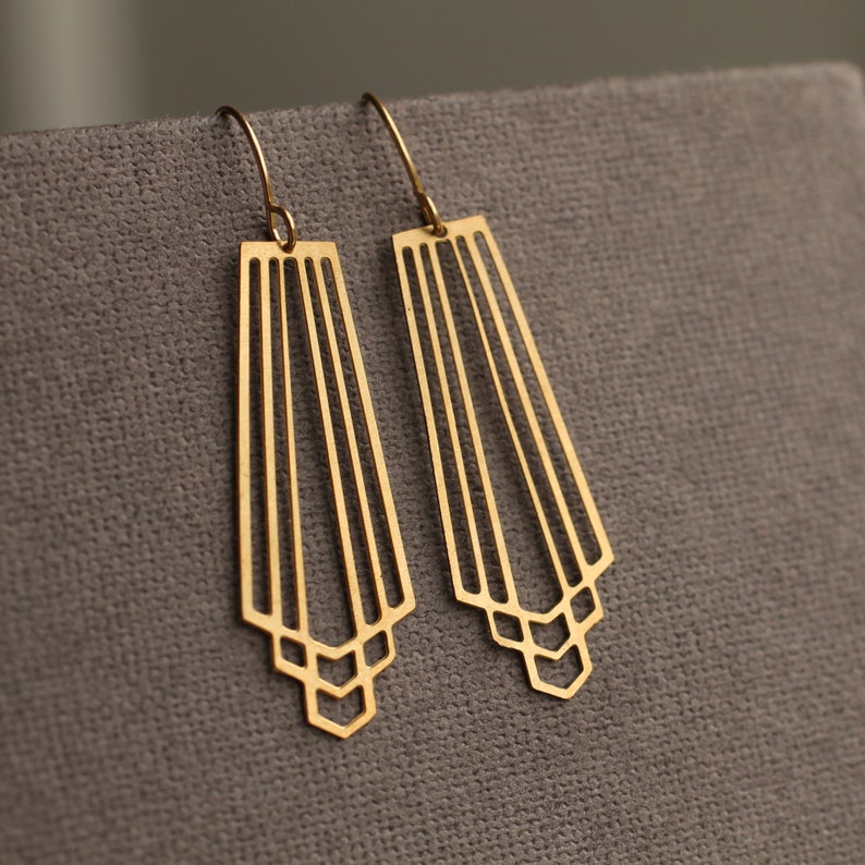 Gold Art Deco Earrings, Minimalist Gold Earrings, Gold Geometric Drop Earrings, Geometric Chrysler Vintage Modern CUTOUT CHRYSLER EAR Gold image 4