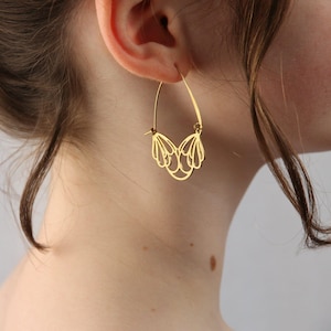 Gold Flower Hoop Earrings: Art Nouveau Brass Chandeliers