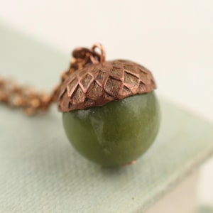 Acorn Necklace, Olive Green Necklace, Jewelry for Autumn, Fall Necklace, October Birthday Necklace, Gemstone, OLIVE ACORN NECK
