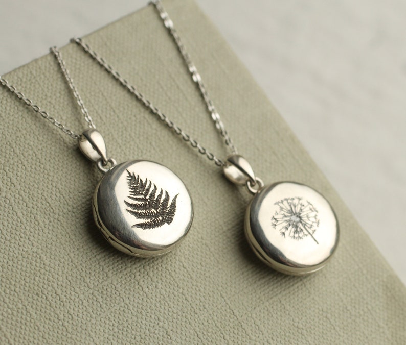 925 Sterling Silver Locket Necklace with Photos, Genuine Silver Locket, Personalised Photo Necklace, 925 Sterling Round, FERN LEAF LOCKET image 5