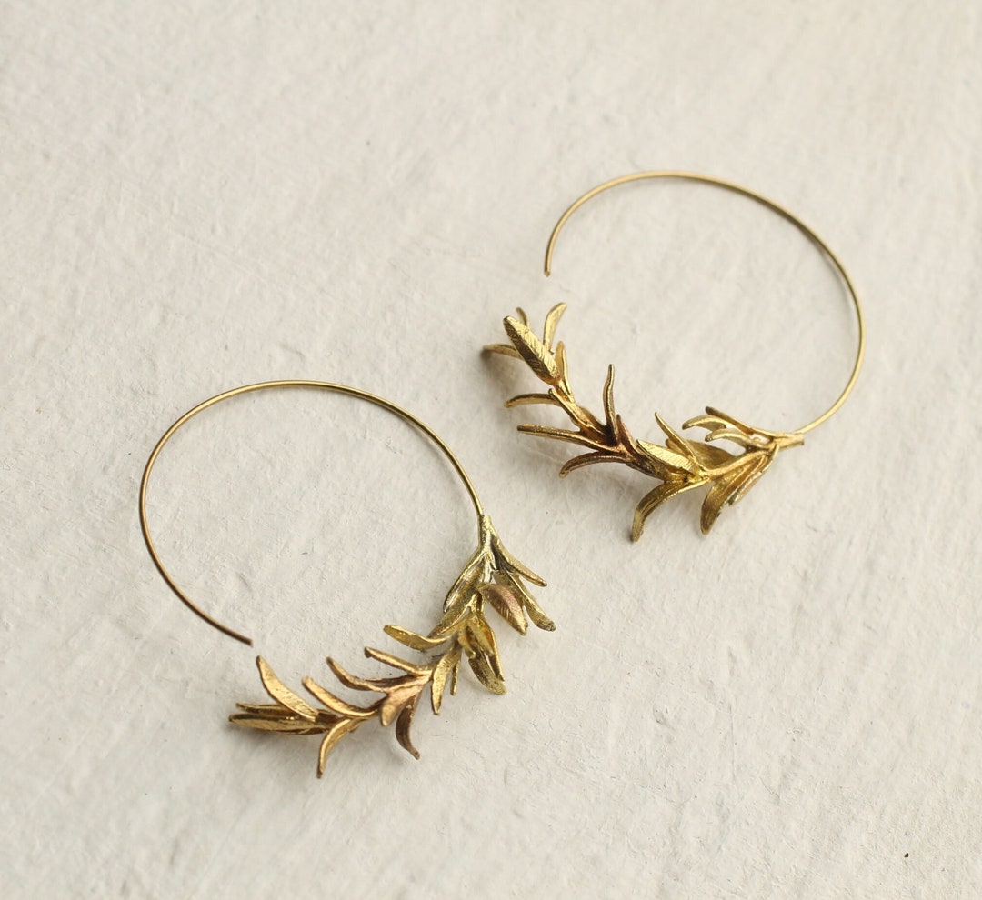 Rosemary Hoop Earrings Gold Leaf Hoop Earrings Twig Branch Etsy