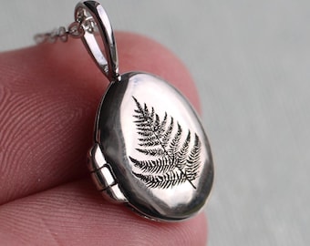 Sterling Silver Fern Leaf Photo Locket: Engraved Personalized Locket Necklace,  LKST-14
