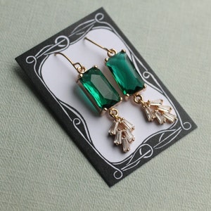 Art Deco Emerald Earrings, Art Nouveau, Baguette Rectangle Green Diamond Drop Earrings 1920 Chrysler Vintage EMERALD BAR CRYSTALCHRYSLER image 6