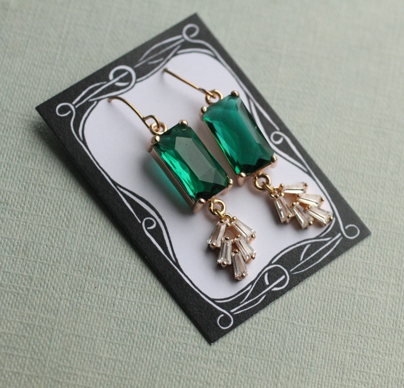 Art Deco Emerald Earrings, Art Nouveau, Baguette Rectangle Green Diamond Drop Earrings 1920 Chrysler Vintage EMERALD BAR CRYSTALCHRYSLER image 6