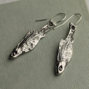 Silver Sardine Fish Earrings, Silver Drop Earrings, Realistic Detailed Fish Earrings, Novelty Gift for Friends, House Warming Gift
