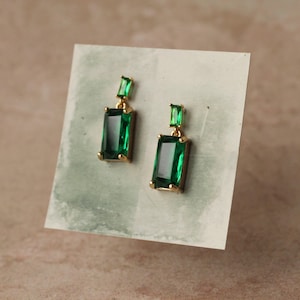 Baguette Emerald Green Drop Earrings: 1920s Art Deco Style Party Jewelry image 3