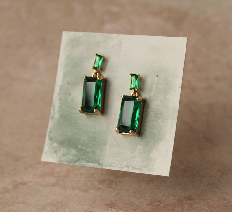Baguette Emerald Green Drop Earrings: 1920s Art Deco Style Party Jewelry image 3