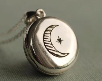 Collar con medallón de foto de luna en plata de ley: recuerdo personalizado con estrella grabada, LKST-8