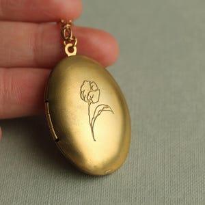 Personalized Tulip Photo Locket: Engraved Brass Oval Birth Flower Necklace, LKGP-50