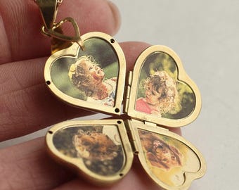 Personalized Gold Heart Photo Locket Necklace: Four-Photo Memorial Keepsake, LKGP-3