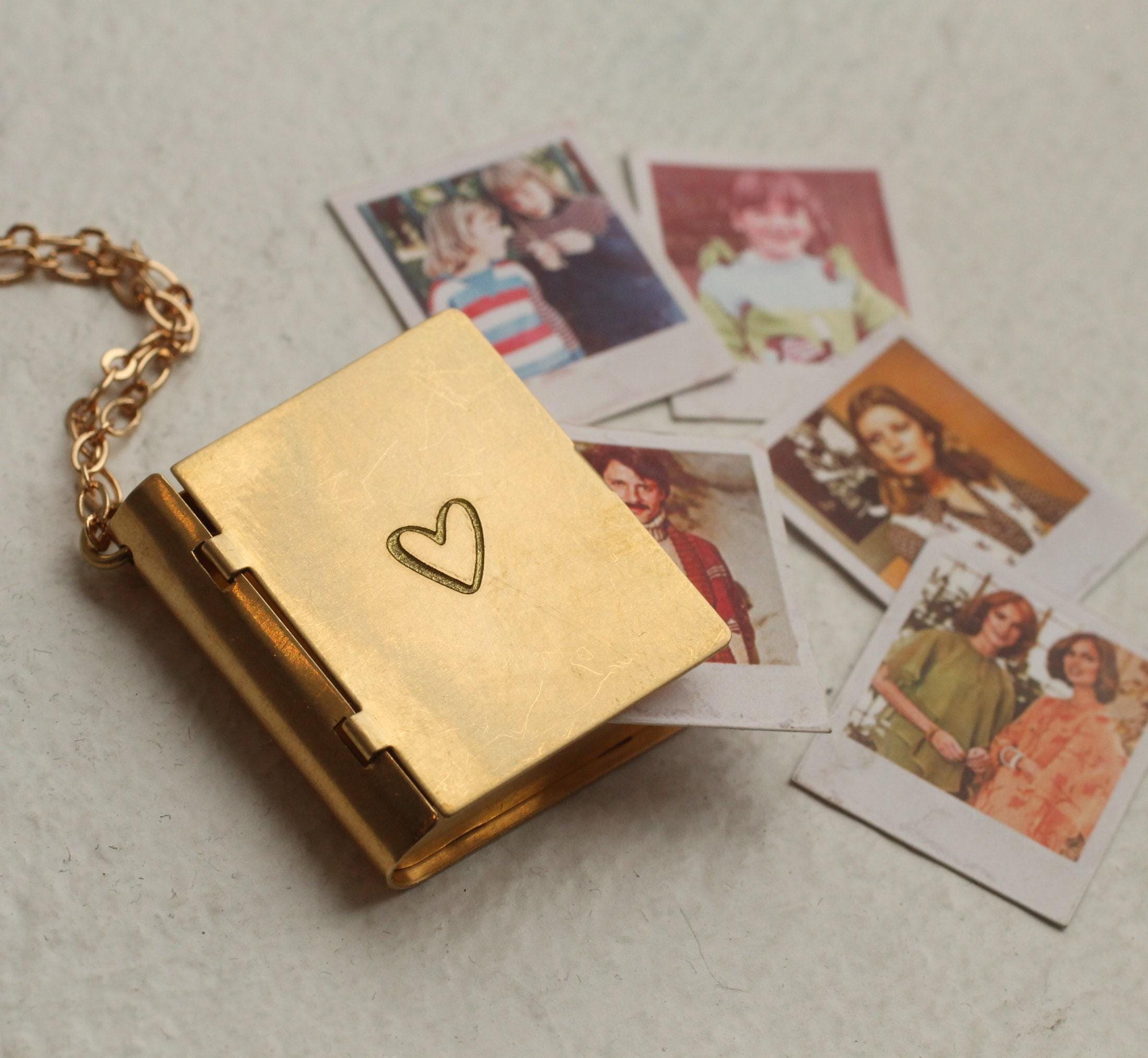 Personalized Photo Album Locket Necklace: Gold Flower Engraved Memorial Keepsake, LKGP-11