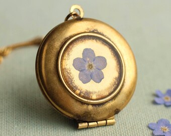Personalisierte Vergissmeinnicht Medaillon: Foto Locket Halskette, echte gepresste Blume Schmuck, LKGP-118