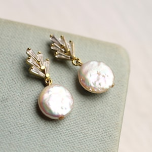 Art Deco Earrings, Pearl Earrings, Bridal Jewelry, Bridesmaids, Freshwater Pearl Earrings, Weddings, 1920s Earrings, PEARL WITH CC P0ST Gold Plated