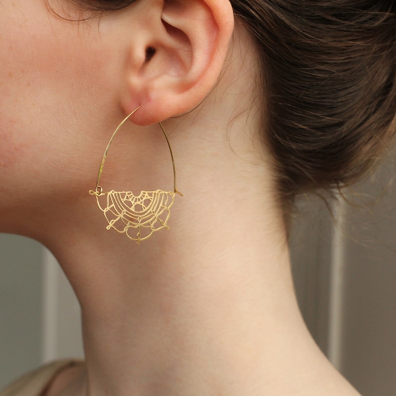 Gold Flower Hoop Earrings, Art Nouveau Bohemian Gold Chandeliers, Statement Gold Earrings, Medium Mid Size Hoop Earrings, GOLD LACE HOOPS image 5