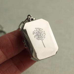 Stor silvergraverad maskrosmedaljong med foto: Rektangulärt personligt unisex-medaljonghänge, LKSP-22