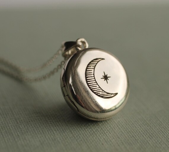 Personalized Engravable Locket Necklace Sterling Silver Moon Photo