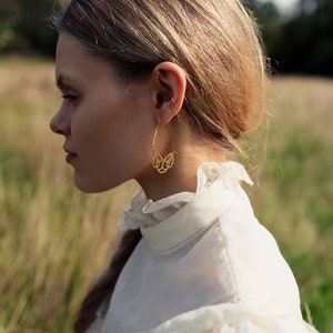 Gold Flower Hoop Earrings, Art Nouveau Bohemian Gold Chandeliers, Statement Gold Earrings, Medium Mid Size Hoop Earrings, FLOWER HOOPS image 3