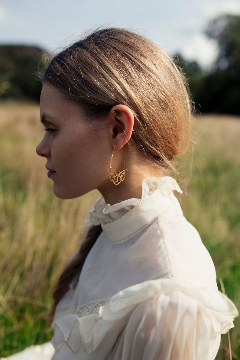 Gold Flower Hoop Earrings, Art Nouveau Bohemian Gold Chandeliers, Statement Gold Earrings, Medium Mid Size Hoop Earrings, FLOWER HOOPS image 3