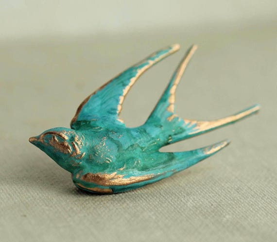 Verdigris Swallow Bird Brooch: Green Turquoise Patina, Handmade Jewelry