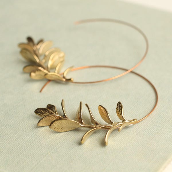 Rosemary Leaf Hoop Earrings: Gold or Silver Plated Botanical Branch Jewelry