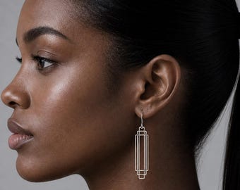 Art Deco Silver Drop Earrings: Architectural Geometric Minimalist Jewelry