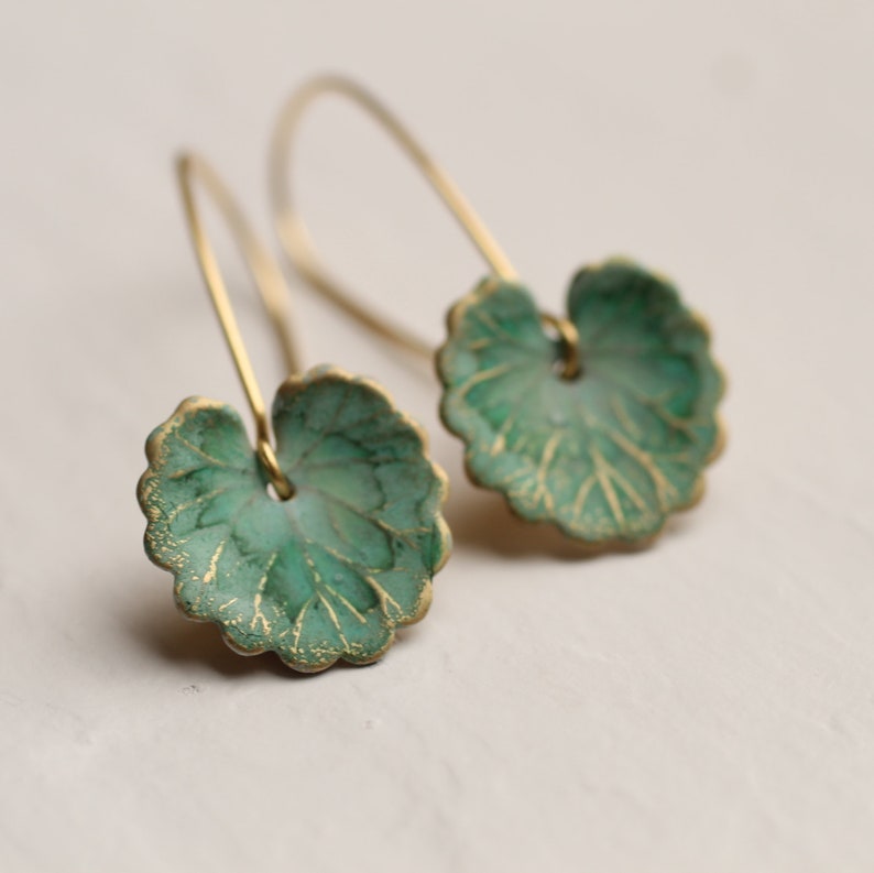 Green Leaf Earrings ...Art Nouveau Earrings, Lily Pad Monet, Boho Turquoise Lily Pad Long Earrings, CLOVER LEAF EARRINGS image 2
