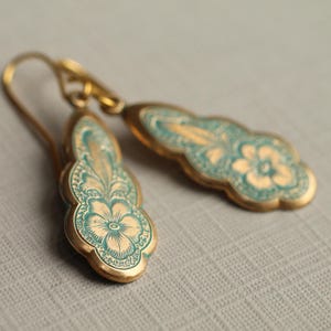Victorian Turquoise Floral Drop Earrings: Art Nouveau Forget Me Not Jewelry