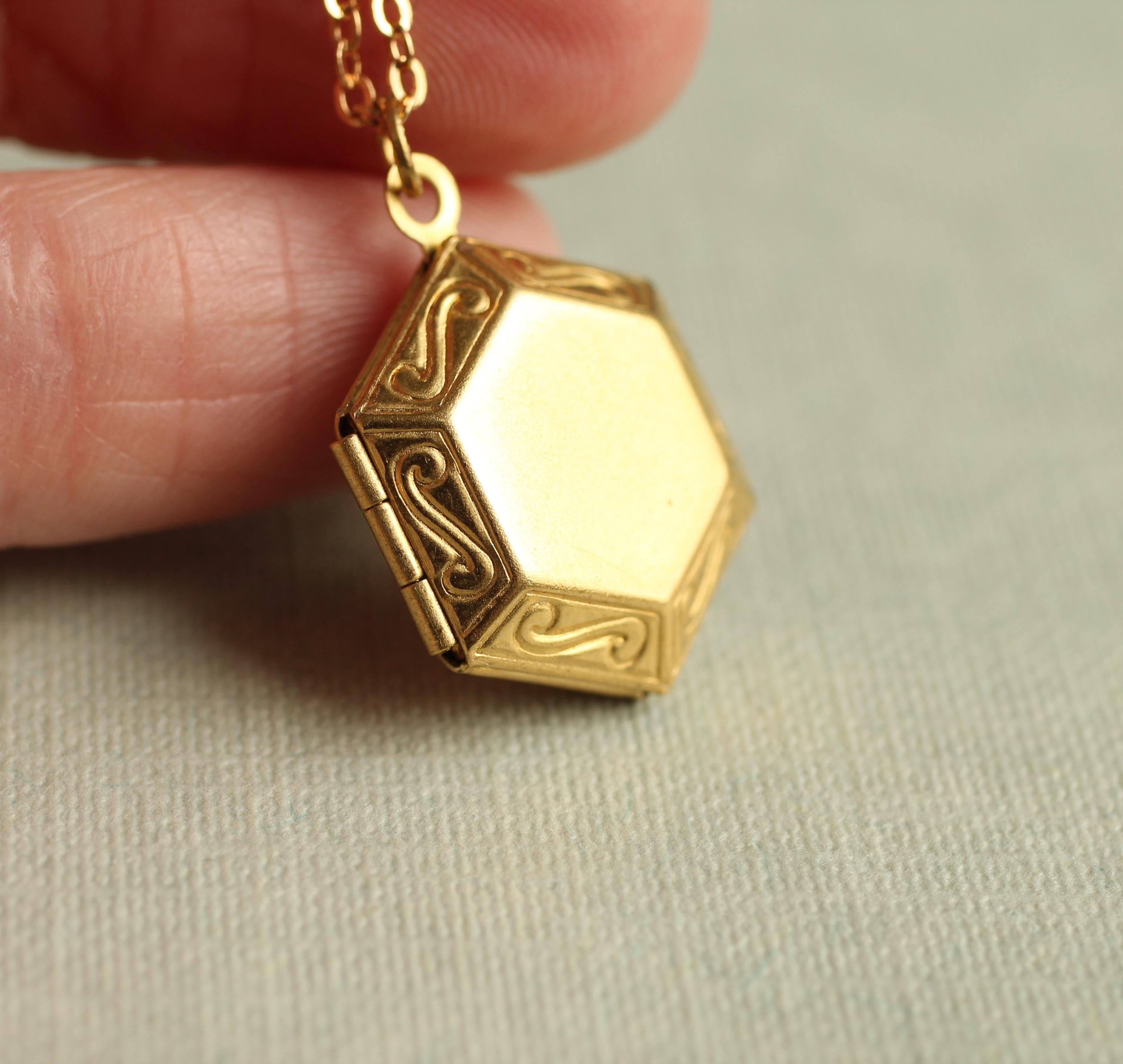 Custom Hexagon Locket Necklace with Photo & Initial, Art Nouveau, Art Deco Necklace, Personalized Engraved Photo Necklace, Gift for Her