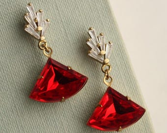 Art Deco Ruby Red Jewel Earrings: Festive Winter Wedding Jewelry, Vintage Glass Jewels