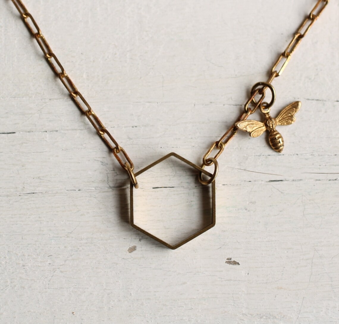 Bee Hive Necklace Honey Bee Hexagon Geometric Etsy