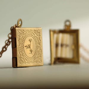 Book Locket Necklace: Gold Victorian Style, Personalized Secret Message, LKGP-5