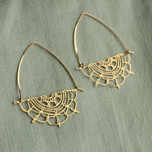Gold Flower Hoop Earrings, Art Nouveau Bohemian Gold Chandeliers, Statement Gold Earrings, Medium Mid Size Hoop Earrings, GOLD LACE HOOPS image 1