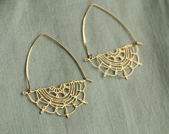 Gold Flower Hoop Earrings, Art Nouveau Bohemian Gold Chandeliers, Statement Gold Earrings, Medium Mid Size Hoop Earrings, GOLD LACE HOOPS
