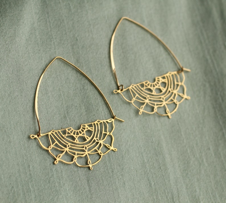 Gold Flower Hoop Earrings, Art Nouveau Bohemian Gold Chandeliers, Statement Gold Earrings, Medium Mid Size Hoop Earrings, GOLD LACE HOOPS image 1