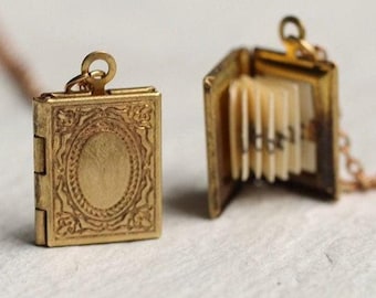 Personalized Book Locket Necklace: Gold Engraved Victorian Photo Keepsake, LKGP-5
