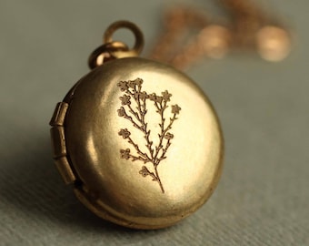 Personalized Engraved Photo Locket Necklace: Miniature Gold Brass Botanical Locket LKGP-23