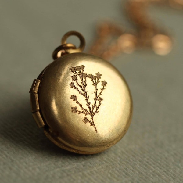Personalized Engraved Photo Locket Necklace: Miniature Gold Brass Botanical Locket LKGP-23