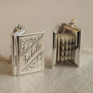 Silver Personalized Book Locket Necklace: Literary Gift with Photos and Hidden Message, LKGP-12