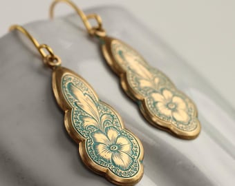 Victorian Turquoise Floral Drop Earrings: Art Nouveau Forget Me Not Jewelry
