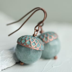 Blue Acorn Earrings: Jewelry for Autumn & Fall, Gemstone with Antique Copper