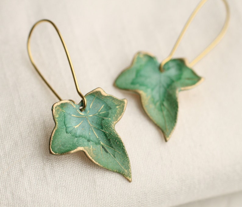 Green Leaf Earrings, Green Ivy Leaf Earrings, Nouveau Boho Earrings, Autumn Long Earrings, LOTR, Spring Green, CLOVER GREEN lVY New image 1