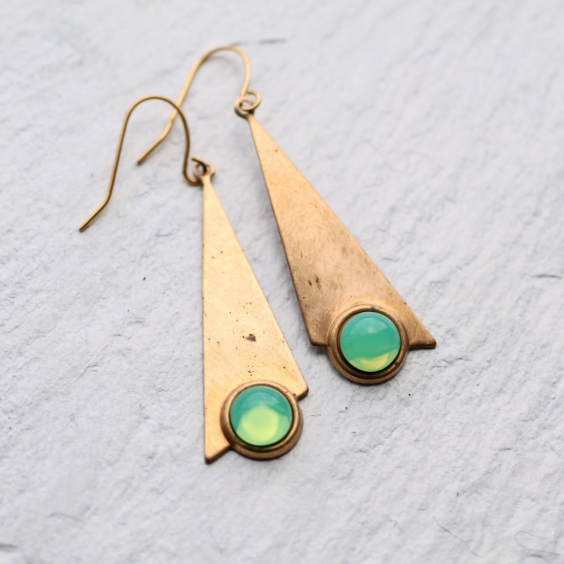 Opal Geometric Earrings, Green Opal Earrings, Triangle Earrings, Vint…