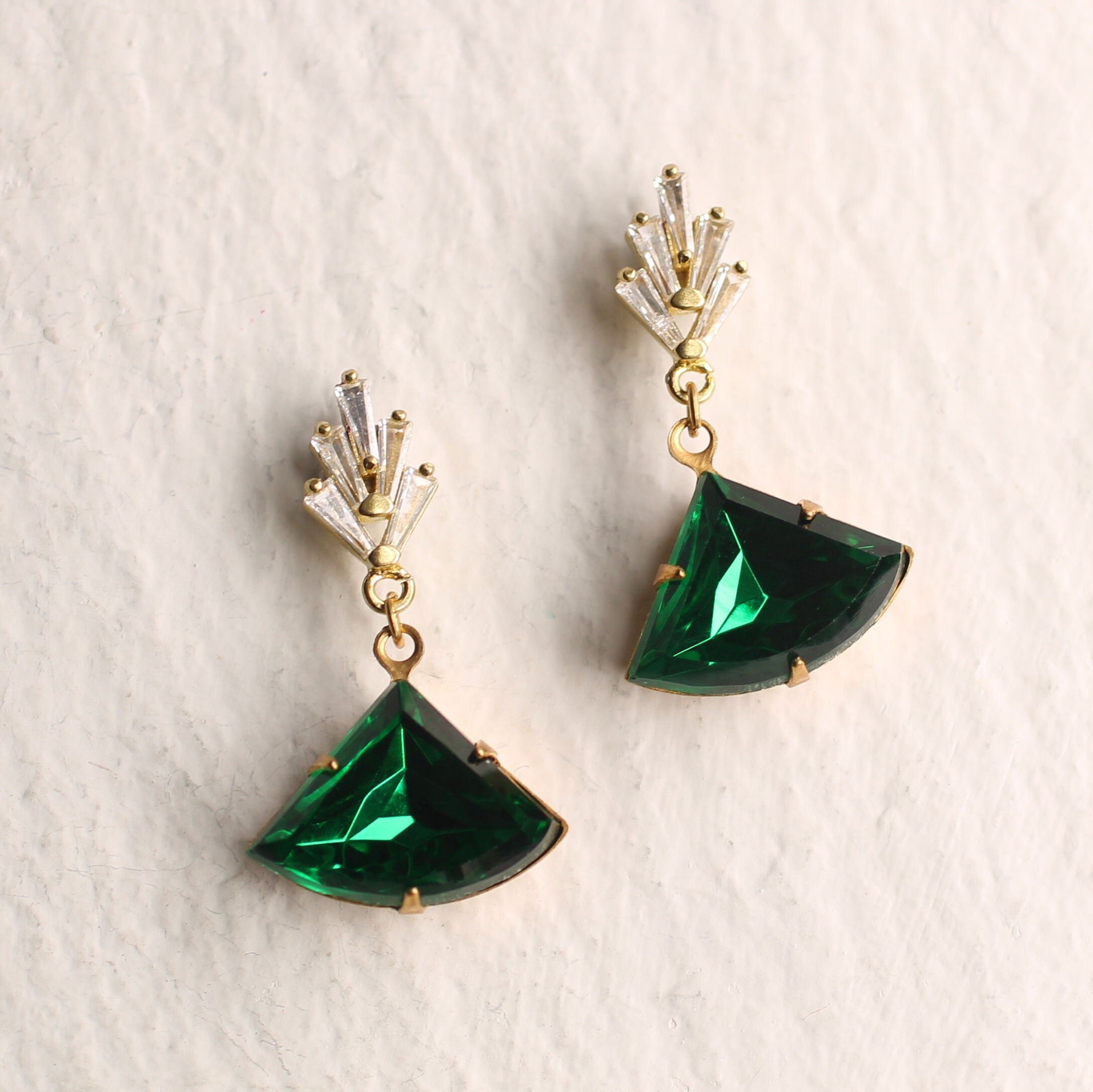 Art Deco Emerald Earrings, Art Nouveau, Baguette Rectangle Emerald Gr…