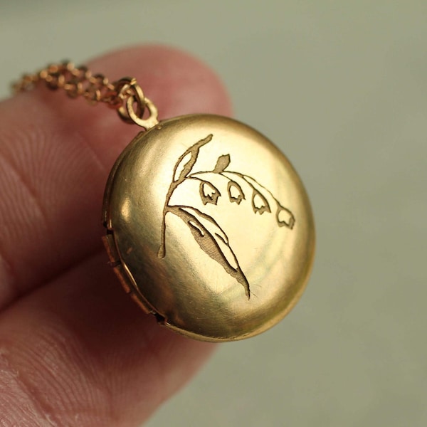 Collar con medallón personalizado de lirio de los valles: colgante con medallón con foto grabada, joyería con flor de nacimiento, LKGP-42
