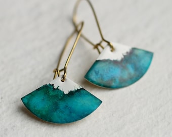 Turquoise Teal Watercolour Enamel Earrings, Jade Earrings, Sea Green, Scallop Earrings, Fan Earrings, Art Jewellery, TEAL WATERCOLOUR FAN