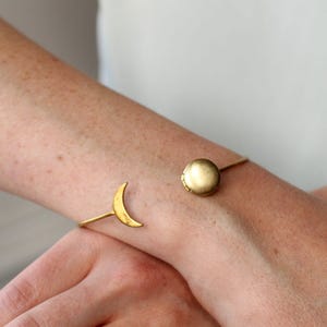 Personalized Moon Photo Locket Bracelet: Gold Brass Adjustable Bangle Gift, LKGP-23