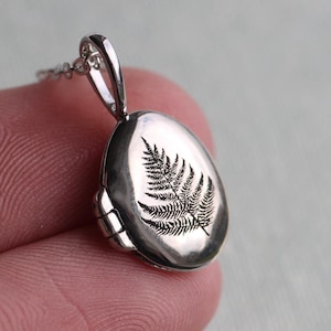 Sterling Silber Farn Blatt Foto Locket: Gravierte Medaillon Halskette, LKST-14