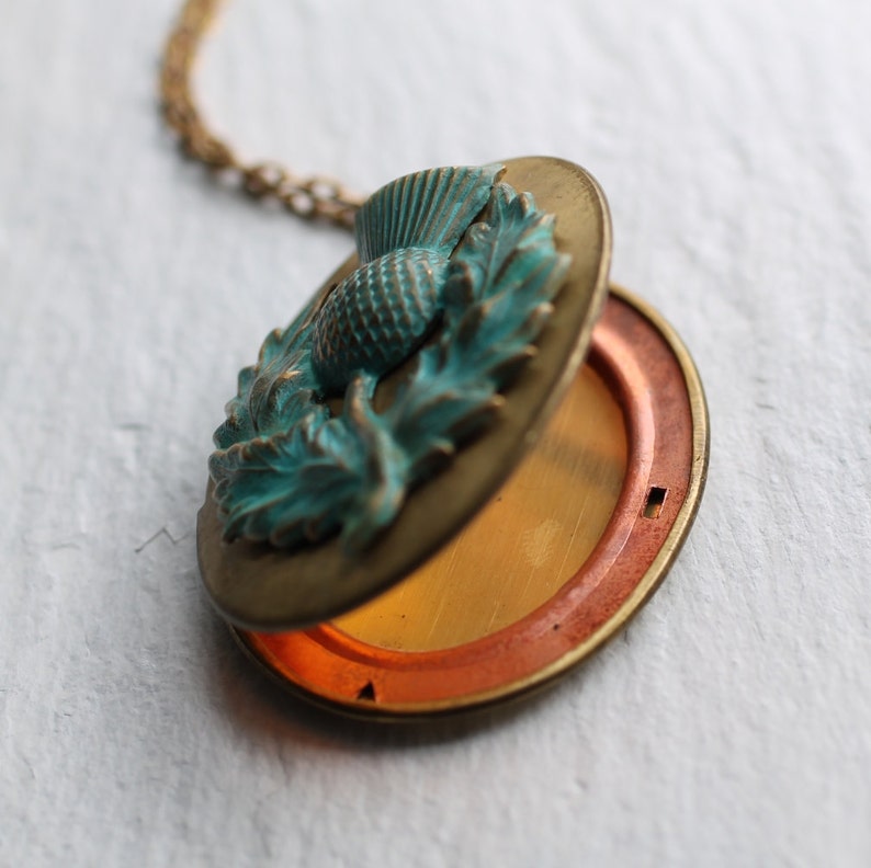 Scottish Thistle Locket .. Personalized Vintage Necklace Pendant Oversized Brass, LARGE THISTLE LOCKET image 4