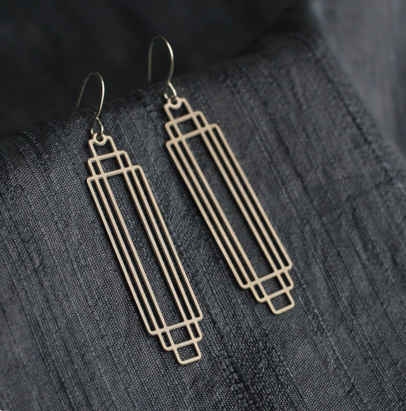 Silver Art Deco Earrings, Minimalist Earrings, Geometric Drop Earrings, Geometric Chrysler Vintage Modern CUT RECTANGLE EAR Silver image 3