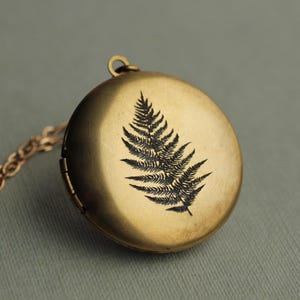 Gold Fern Leaf Locket Necklace: Engraved Botanical Photo Locket, LKGP-17